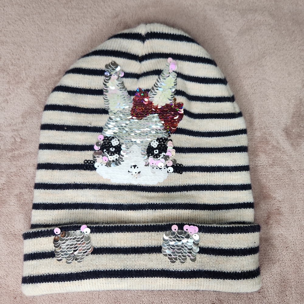 H&M GIRLS TAN BLACK STRIPES & Sequined Bunny On Front Sz  8-12 Y